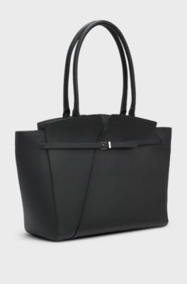 BOSS REVERS tote bag in leather with belt detail, Black
