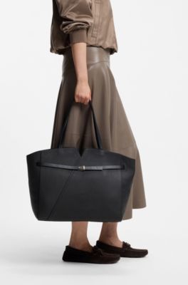 BOSS Revers tote bag in leather with belt detail, Black
