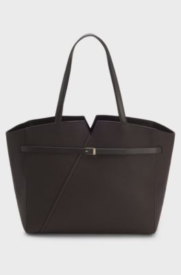 BOSS Revers tote bag in leather with belt detail, Dark Brown