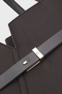 BOSS Revers tote bag in leather with belt detail, Dark Brown