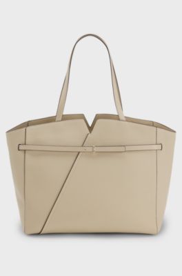 BOSS REVERS tote bag in leather with belt detail, Light Beige