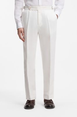 Pantaloni relaxed fit in lino con pieghe sulla parte anteriore, Bianco