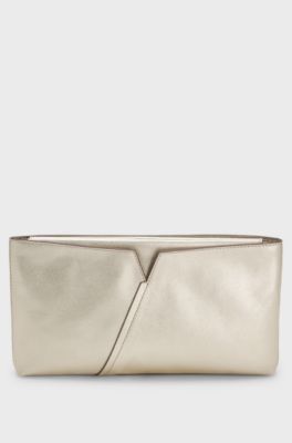 BOSS Revers metallic-leather clutch bag with split topline, Gold tone