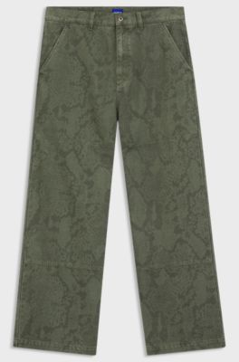 Pantaloni baggy fit in tela di cotone con stampa serpente, Verde scuro