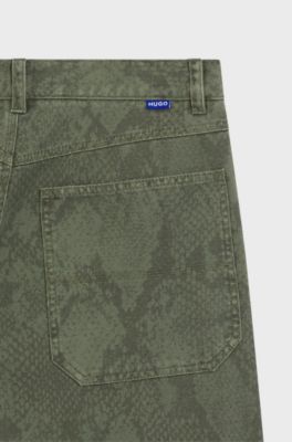 Pantaloni baggy fit in tela di cotone con stampa serpente, Verde scuro