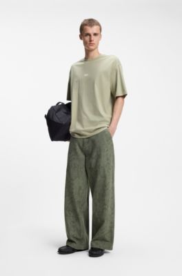 Baggy-fit trousers in snake-print cotton canvas, Dark Green