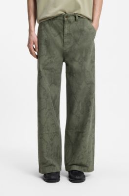 Baggy-fit trousers in snake-print cotton canvas, Dark Green