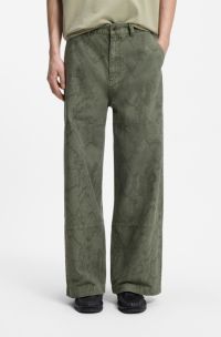 Baggy-fit trousers in snake-print cotton canvas, Dark Green
