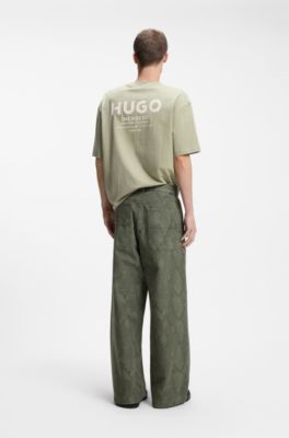 Pantaloni baggy fit in tela di cotone con stampa serpente, Verde scuro