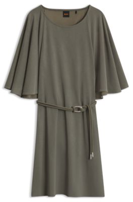 Belted jersey dress with cape-style detail, Dark Green