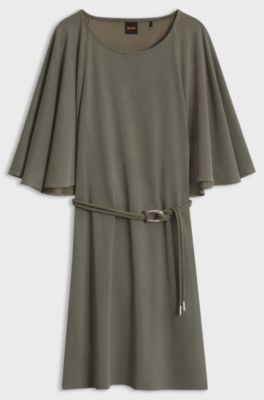 Belted jersey dress with cape-style detail, Dark Green