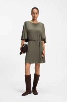 Belted jersey dress with cape-style detail, Dark Green