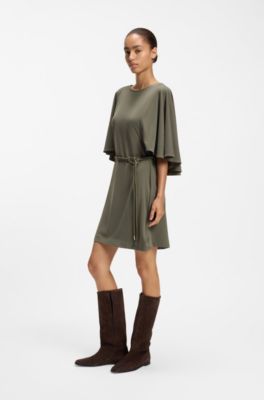 Belted jersey dress with cape-style detail, Dark Green