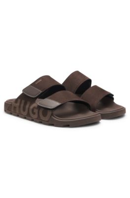 Faux-suede slides with logo detailing, Brown