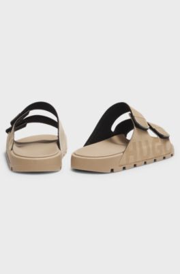Faux-suede slides with logo detailing, Light Beige