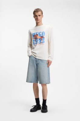 Shorts loose fit in cotone con filato irregolare, Celeste