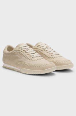 Suede-leather trainers with whipstitching, Light Beige