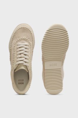 Sneakers i ruskind og l&aelig;der med kastesting, Lys beige
