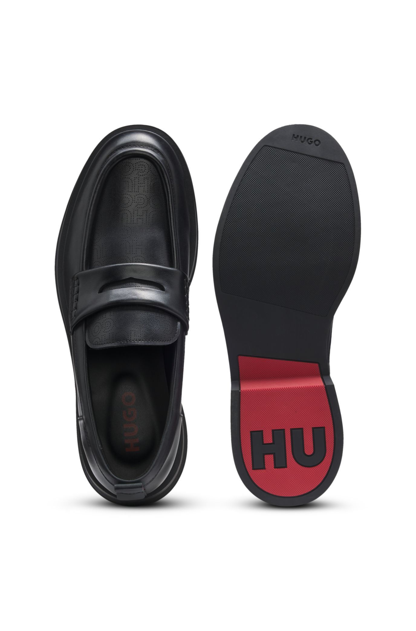 HUGO - Leather loafers with perforated logos - Black display picture 1