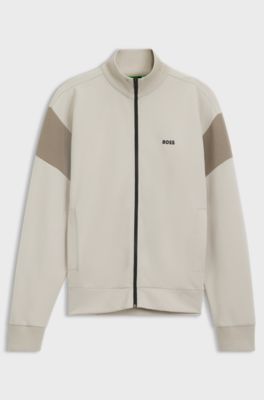 Zip-up cotton-blend sweatshirt with contrast inserts, Light Beige