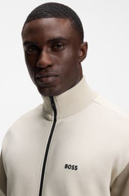 Zip-up cotton-blend sweatshirt with contrast inserts, Light Beige
