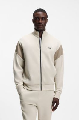 Zip-up cotton-blend sweatshirt with contrast inserts, Light Beige