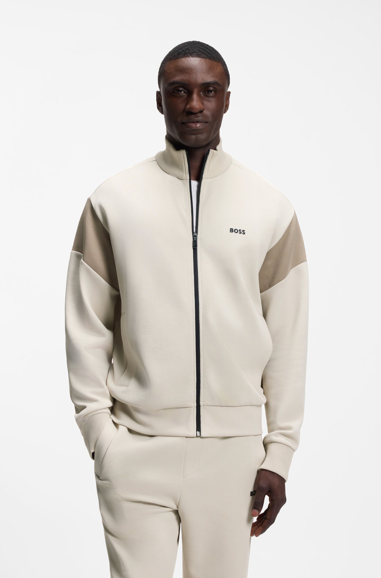Boss Zip-up cotton-blend sweatshirt with contrast inserts herr