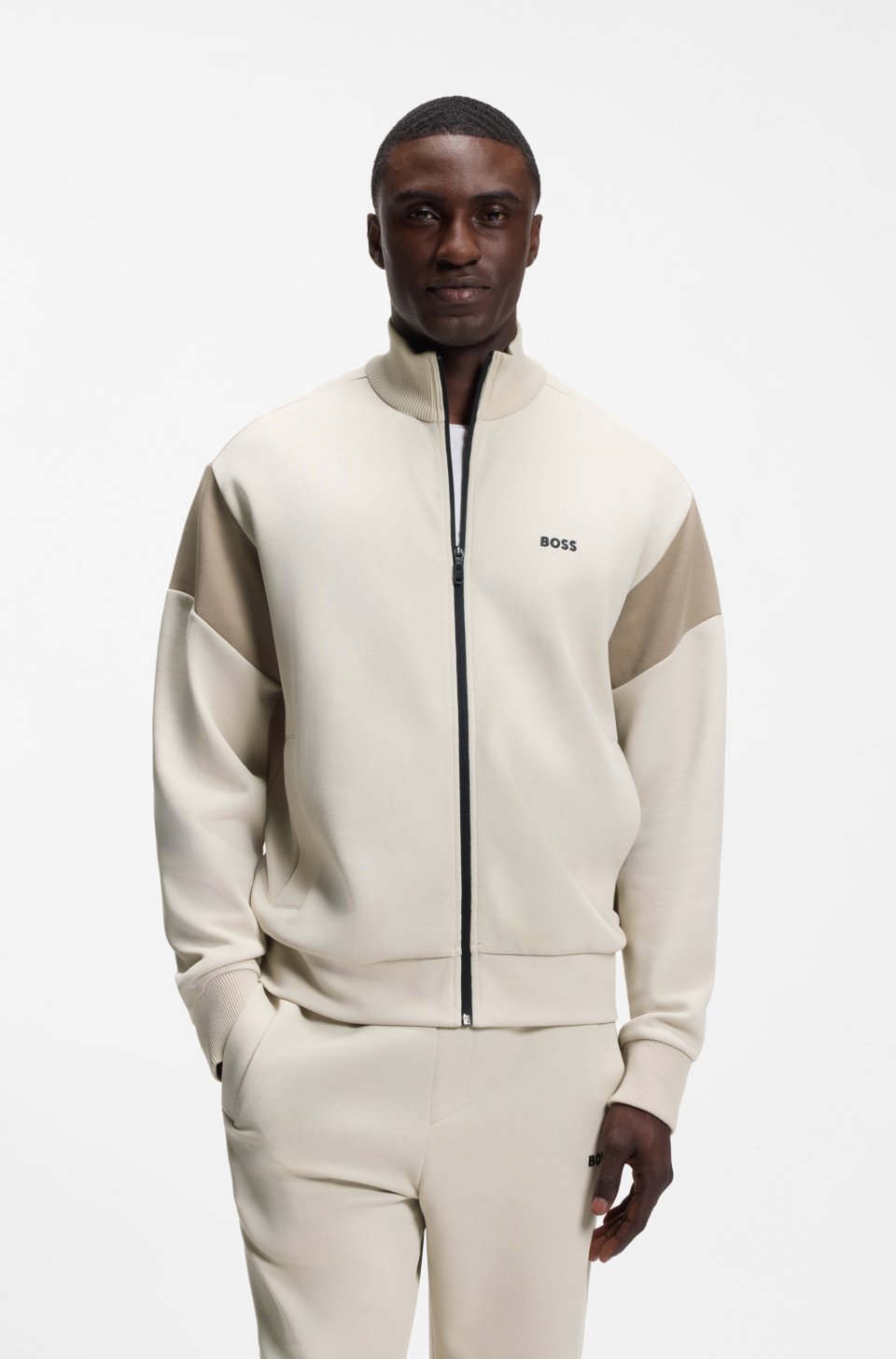 Zip-up cotton-blend sweatshirt with contrast inserts