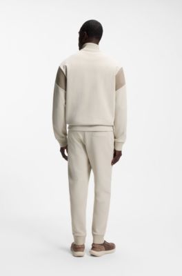 Zip-up cotton-blend sweatshirt with contrast inserts, Light Beige