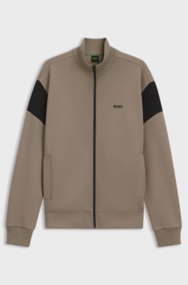 Zip-up cotton-blend sweatshirt with contrast inserts, Light Brown