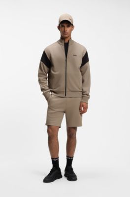 Zip-up cotton-blend sweatshirt with contrast inserts, Light Brown