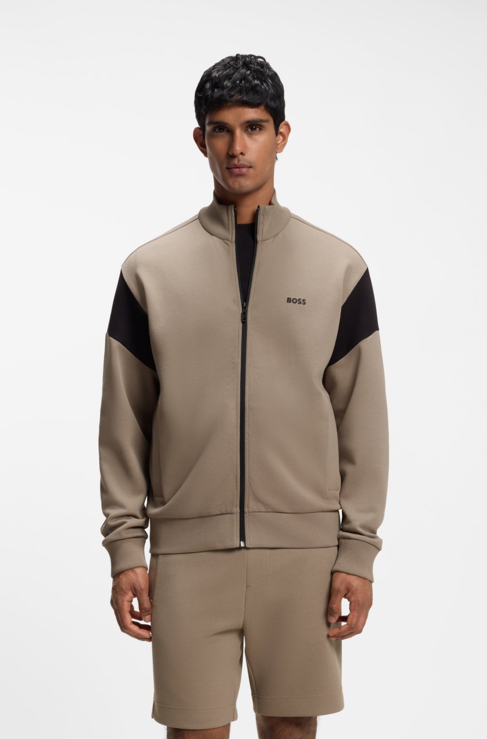 Zip-up cotton-blend sweatshirt with contrast inserts
