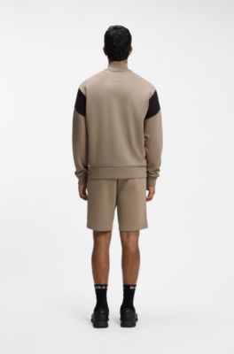 Zip-up cotton-blend sweatshirt with contrast inserts, Light Brown