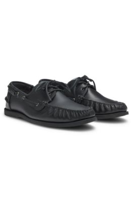 Leather boat shoes with lacing detail, Black