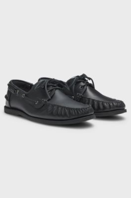 Leather boat shoes with lacing detail, Black