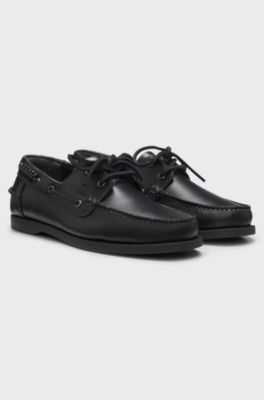 Leather boat shoes with lacing detail, Black
