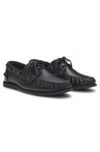 Leather boat shoes with lacing detail, Black