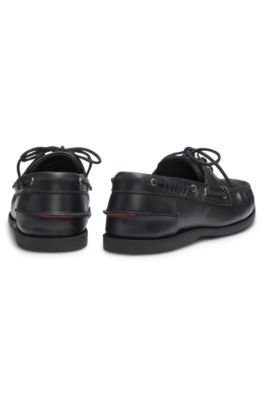 Leather boat shoes with lacing detail, Black