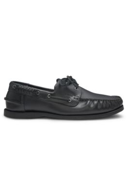 Leather boat shoes with lacing detail, Black