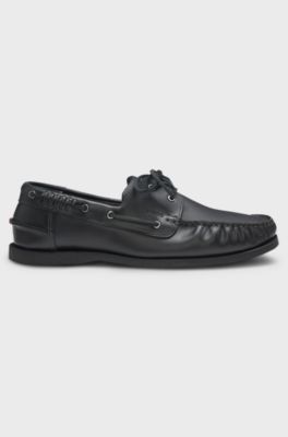 Leather boat shoes with lacing detail, Black