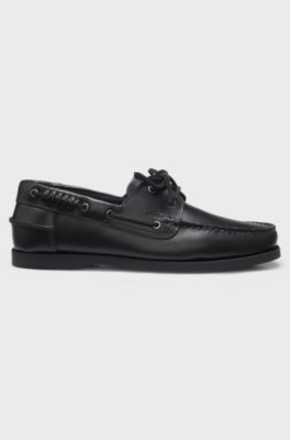 Leather boat shoes with lacing detail, Black