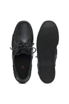 Leather boat shoes with lacing detail, Black