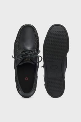 Leather boat shoes with lacing detail, Black