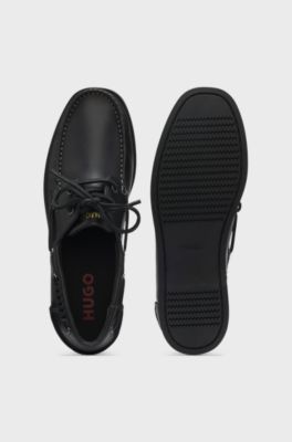 Leather boat shoes with lacing detail, Black