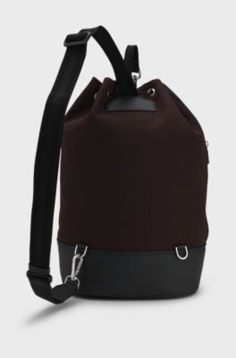 Borsa a secchiello in tela con finiture in similpelle, Marrone scuro
