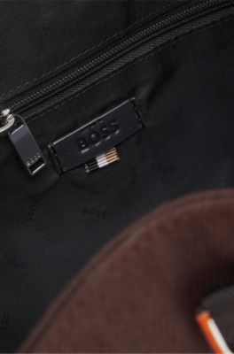 Borsa a secchiello in tela con finiture in similpelle, Marrone scuro