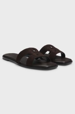 Suede slides with stitched Double B monogram, Dark Brown