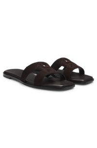 Sandales en cuir su&eacute;d&eacute; avec monogramme Double B brod&eacute;, Marron fonc&eacute;