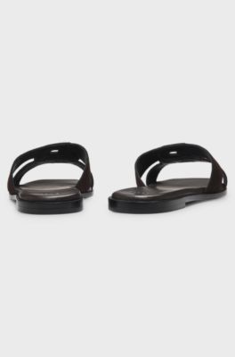 Suede slides with stitched Double B monogram, Dark Brown
