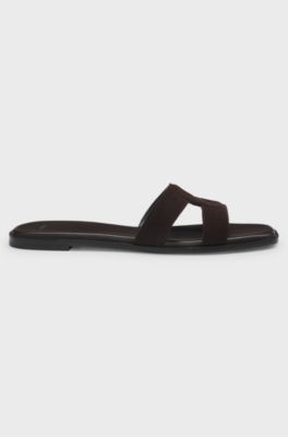 Suede slides with stitched Double B monogram, Dark Brown